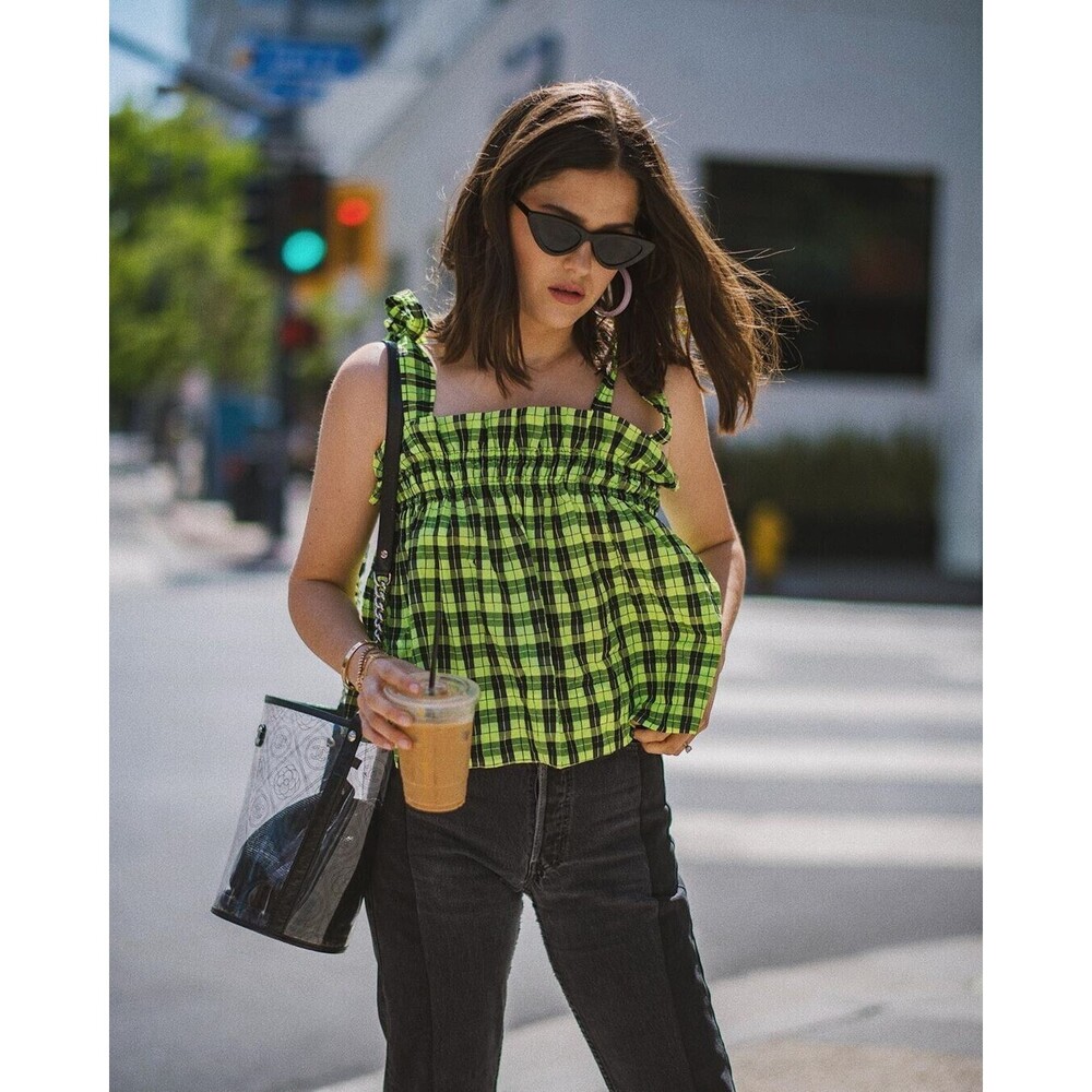 GANNI Womens Top Size 40 Green Checkered Tank Pullover Smocked Flowy Neon